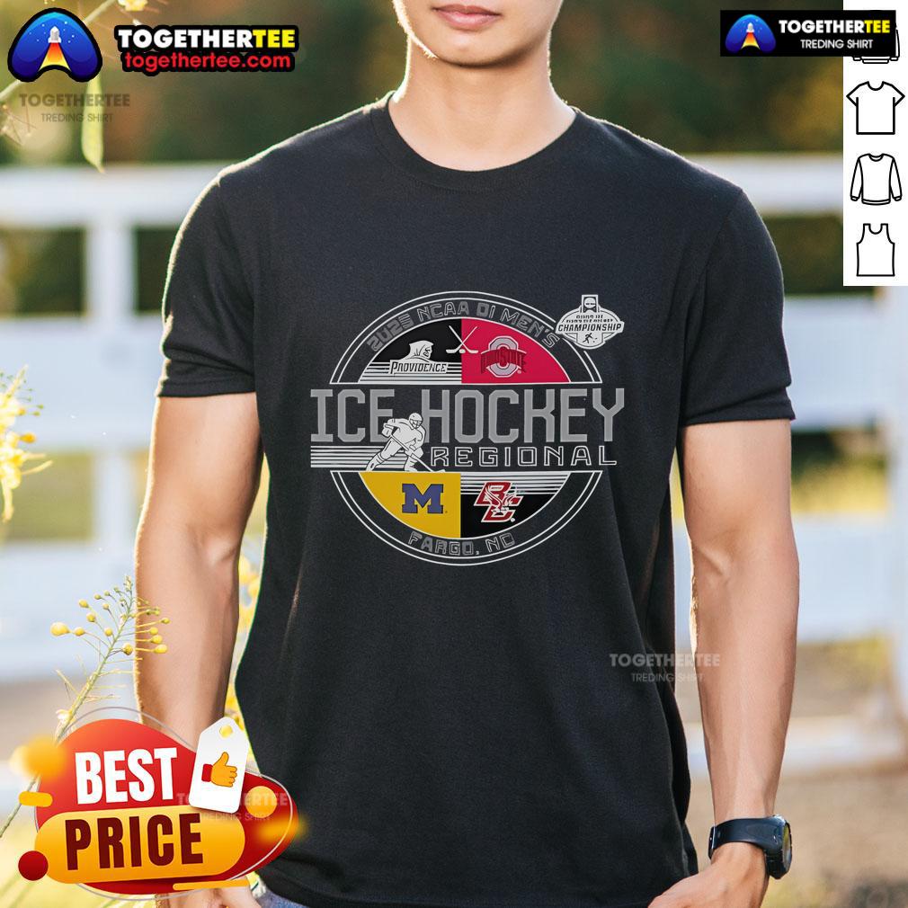 Official NCAA DI Men's Ice Hockey Regional 2025 Fargo ND T-shirt featuring team colors and logo design.