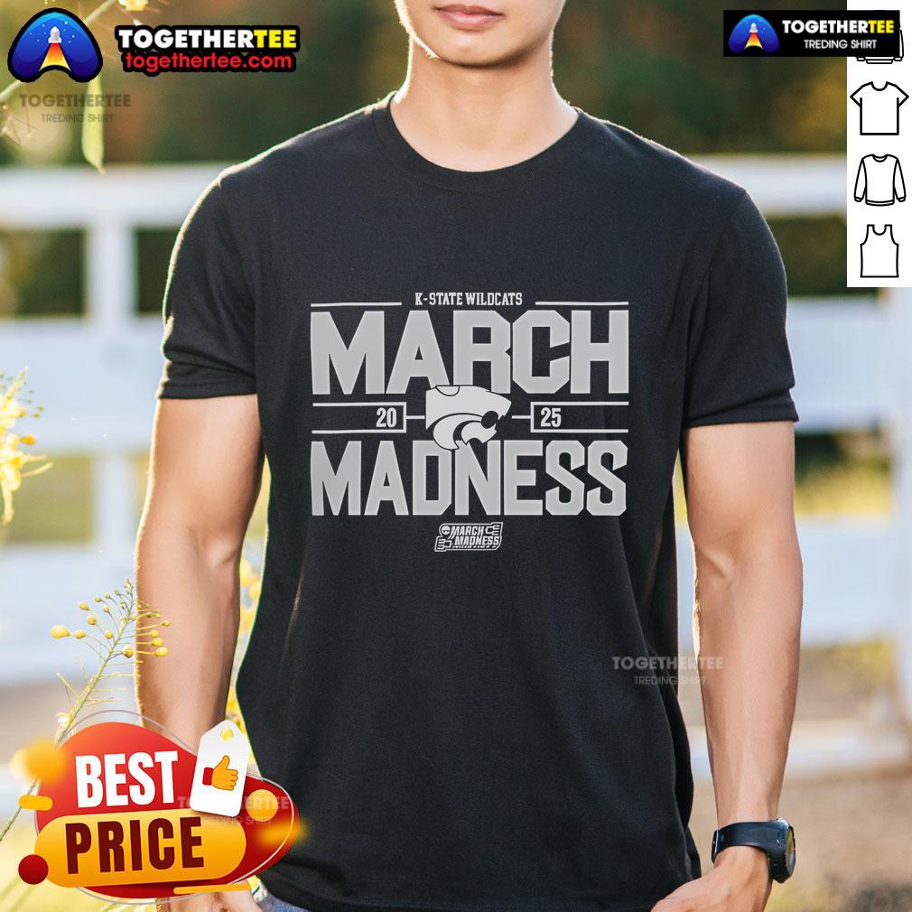 Alt Text: Official NCAA Mens Basketball 2025 K-State Wildcats March Madness T-Shirt featuring team colors and logo.