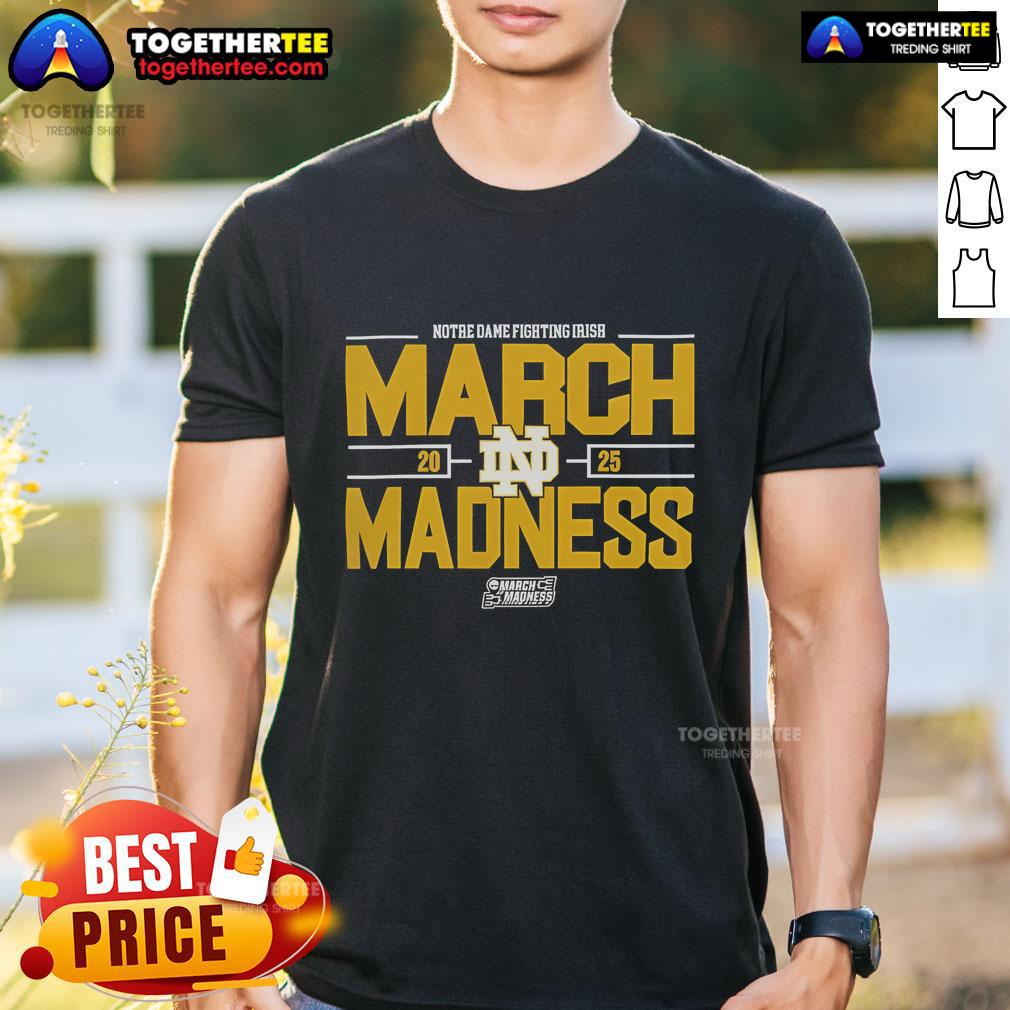 Alt Text: Official NCAA Men's Basketball 2025 Notre Dame Fighting Irish March Madness T-Shirt featuring team colors and logo.