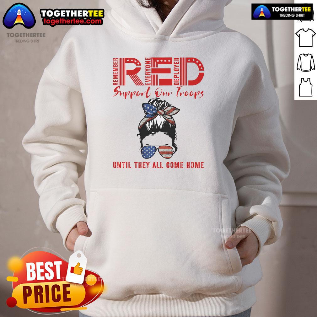 Alt Text: Official Friday We Wear Red hoodie featuring US flag, supporting troops and military appreciation.