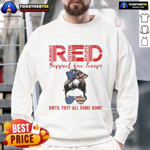 Alt Text: Official On Friday We Wear Red sweatshirt featuring the US flag, supporting military troops and veterans.