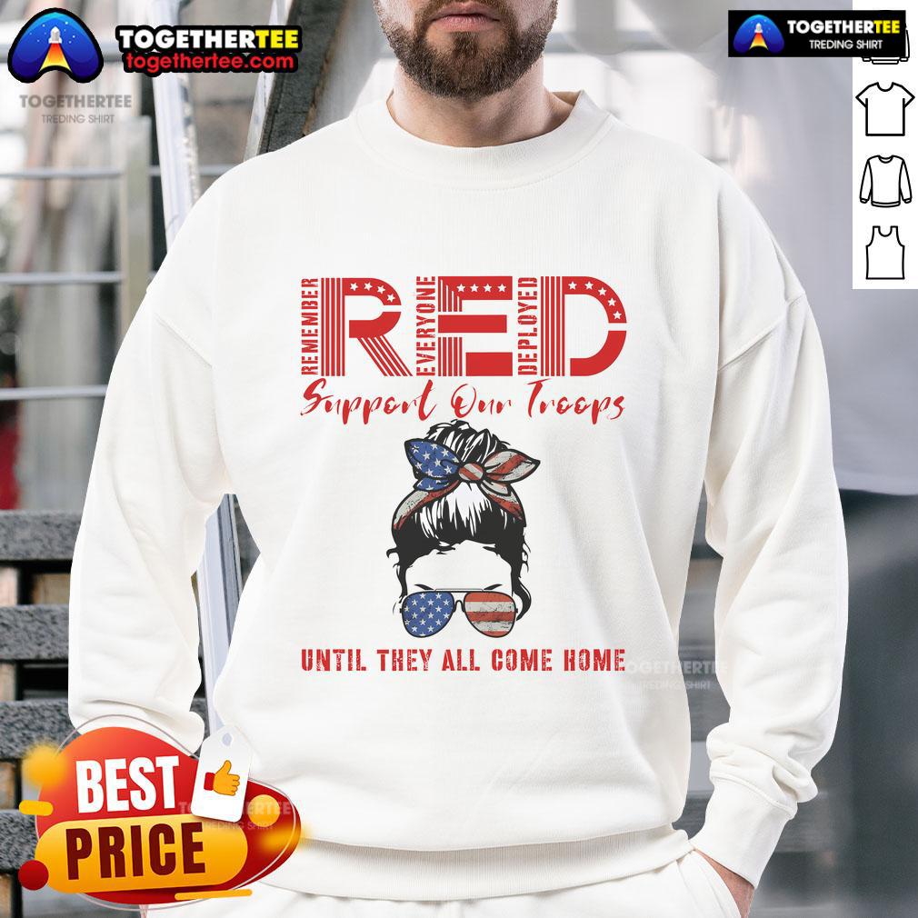 Alt Text: Official On Friday We Wear Red sweatshirt featuring the US flag, supporting military troops and veterans.