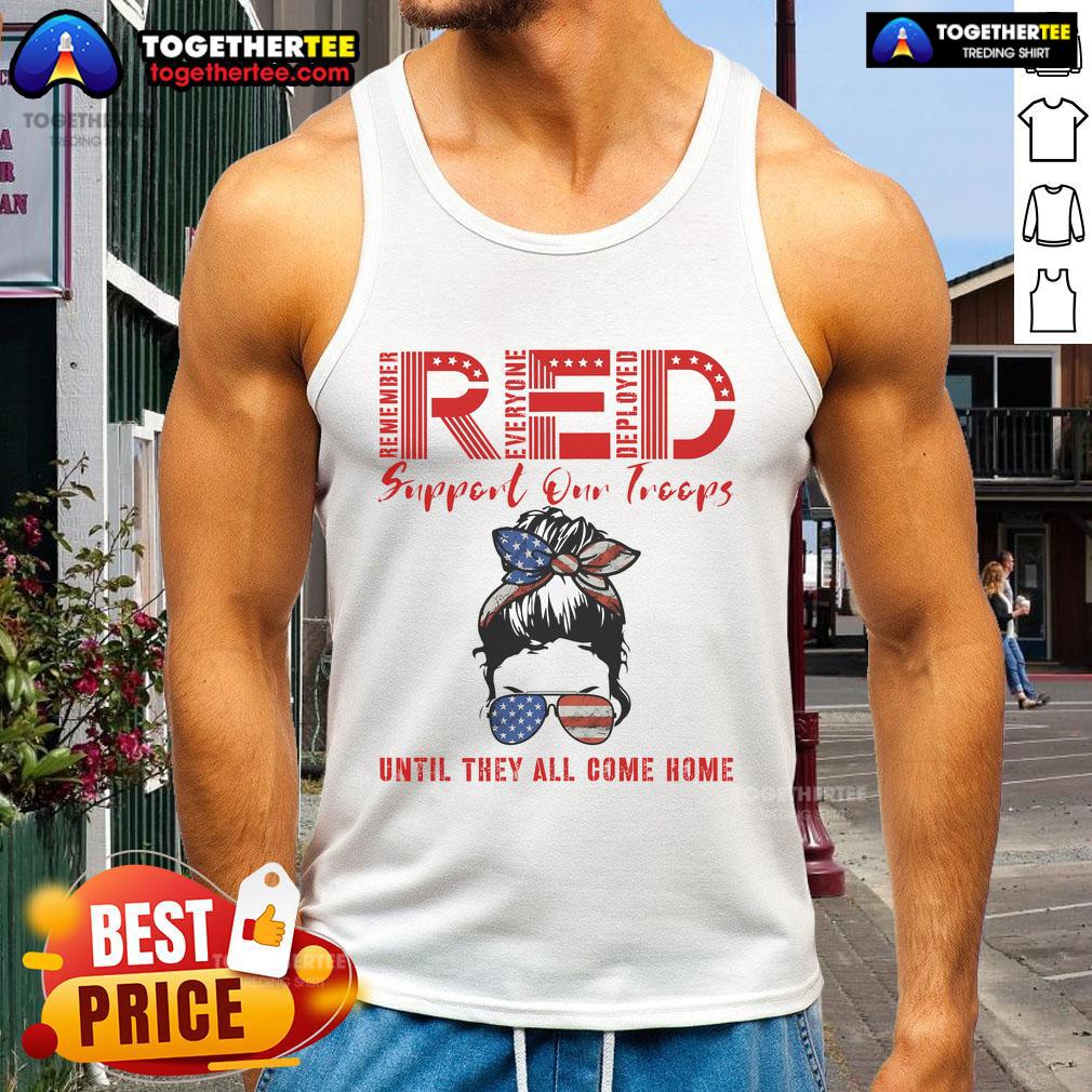 Red Friday tank top featuring US flag design, supporting military troops with 'On Friday We Wear Red' slogan.
