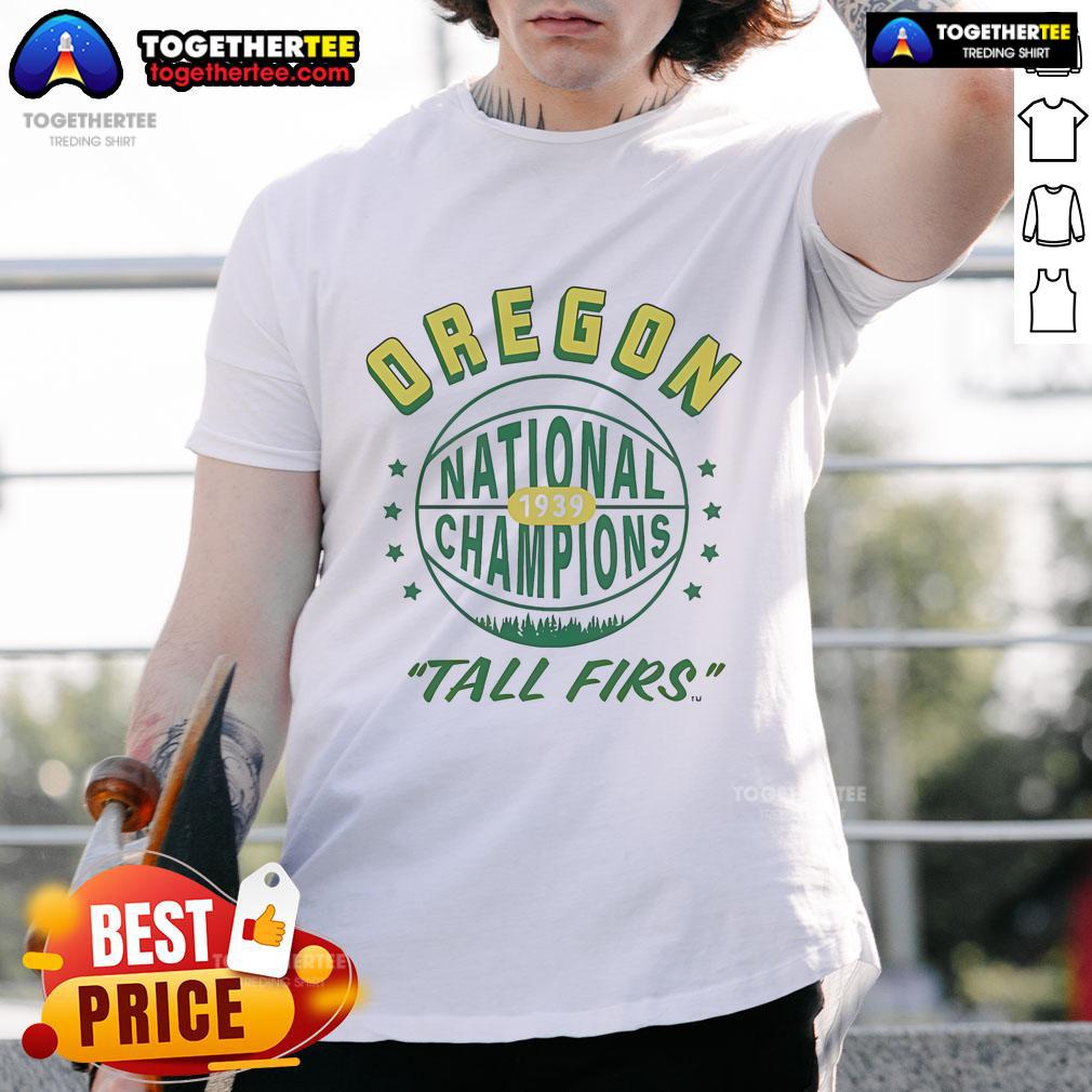 Official Oregon Ducks National Champions 1939 Tall Firs T-Shirt featuring vintage design and team logo.