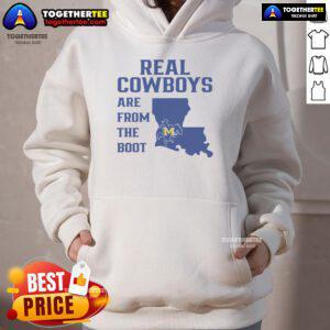 Official Real Cowboys Are From The Boot Hoodie in black, featuring bold white text and a classic hoodie design.