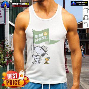 Alt Text: Official Snoopy and Woodstock Rise Shine Flag Tank Top featuring vibrant graphics of iconic characters on a stylish tee.