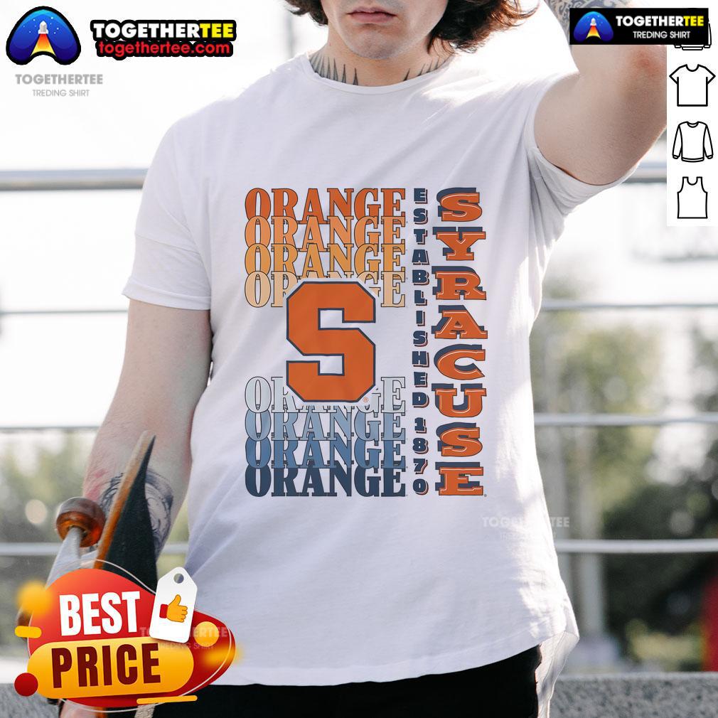 Alt Text: Official Syracuse Orange Gradient Wordmark T-Shirt featuring vibrant orange and blue colors with bold Syracuse logo.