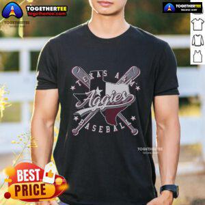 Alt Text: Official Texas A&M Aggies Crossed Bats Baseball T-Shirt featuring team colors and logo for fans and players.