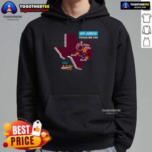 Official Texas MS 150 commemorative hoodie featuring vibrant design and logo, perfect for cycling event supporters.