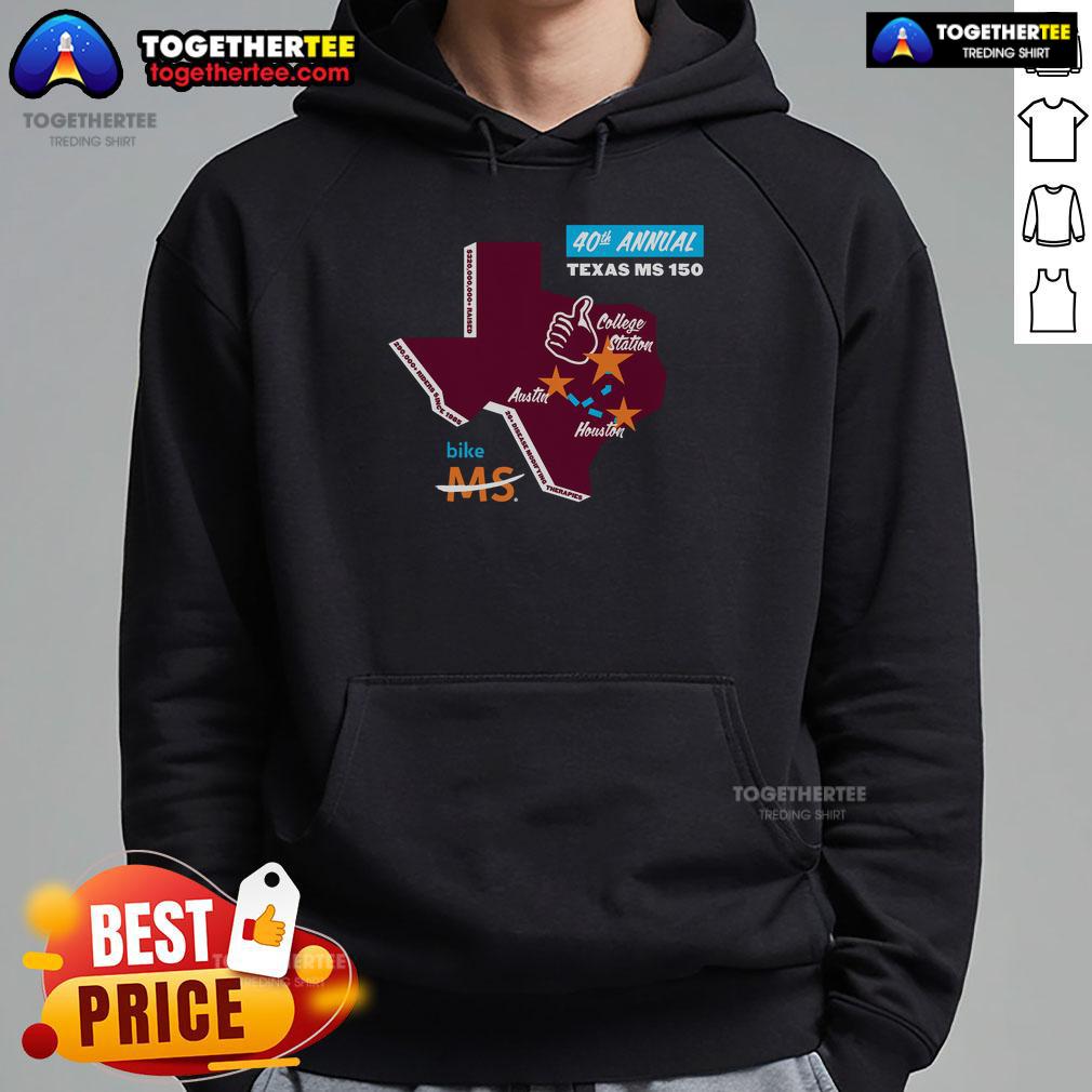 Official Texas MS 150 commemorative hoodie featuring vibrant design and logo, perfect for cycling event supporters.