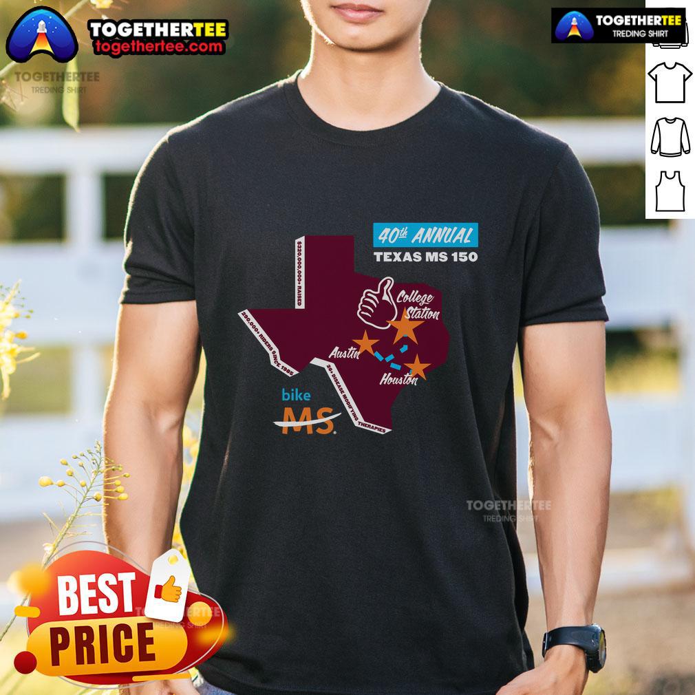 Alt Text: Official Texas MS 150 Commemorative T-Shirt featuring a vibrant design celebrating the annual cycling event.