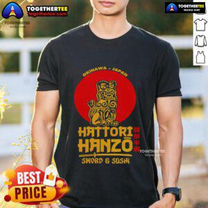 Alt Text: Original Okinawa Japan Hattori Hanzos sword and sushi T-shirt featuring unique graphic design and vibrant colors.