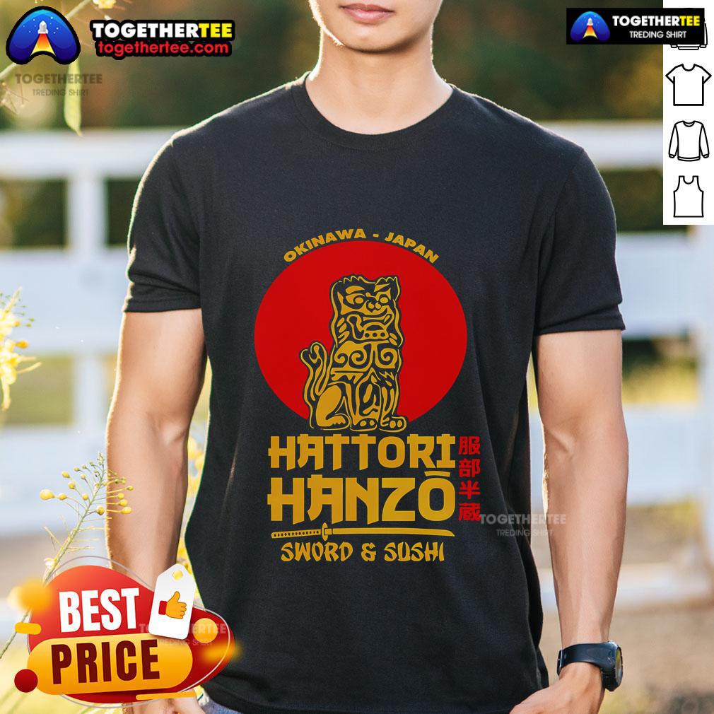 Alt Text: Original Okinawa Japan Hattori Hanzos sword and sushi T-shirt featuring unique graphic design and vibrant colors.