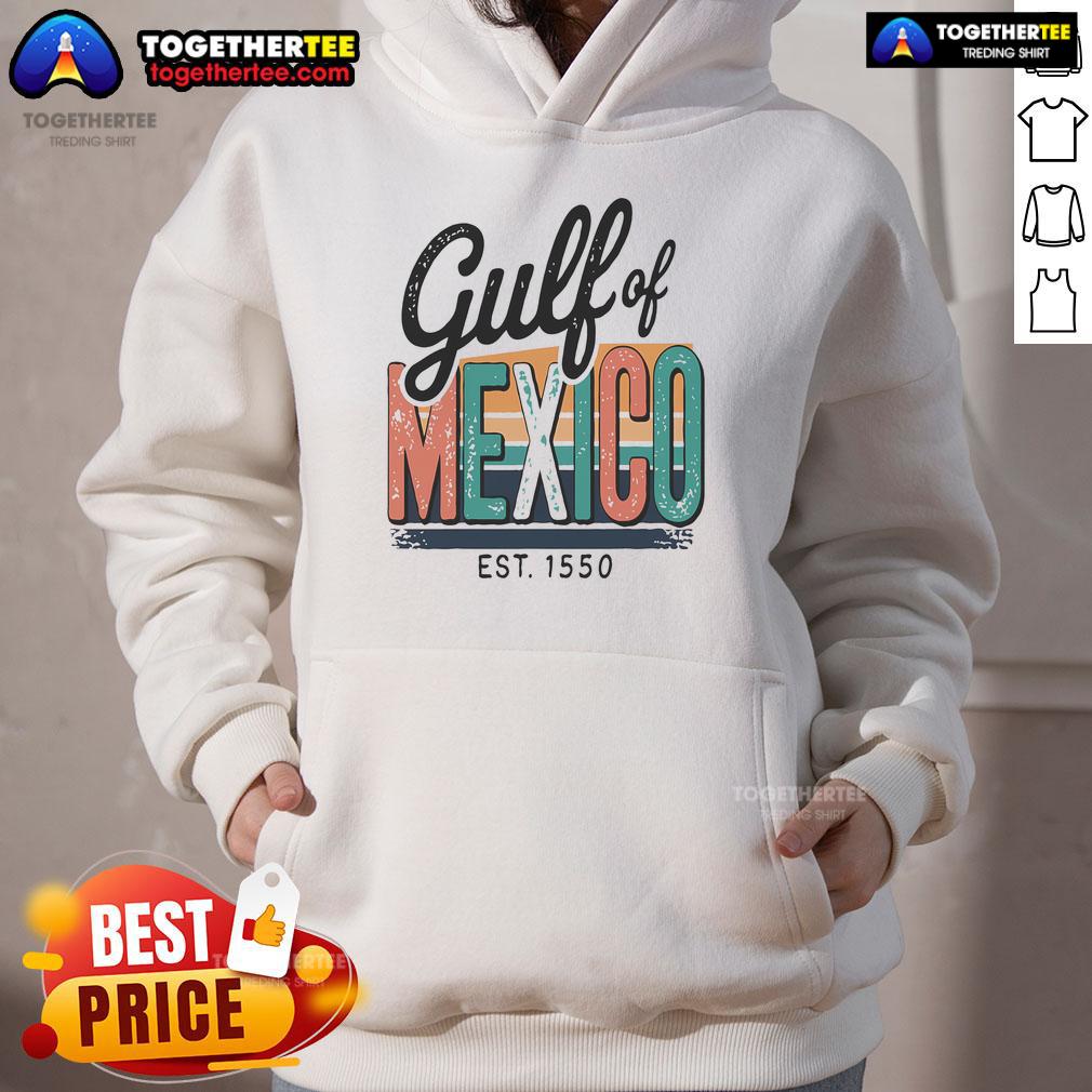 Retro hoodie featuring 'Pretty Gulf of Mexico Forever Est 1550' design, perfect for beach lovers and vintage style enthusiasts.