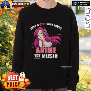 Pretty girl wearing an anime sweatshirt, showcasing her love for anime and music in a stylish, casual look.