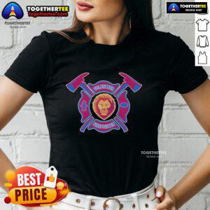 Top Brisbane Lions volunteer firefighter ladies tee featuring vibrant team colors and logo, perfect for fans and supporters.