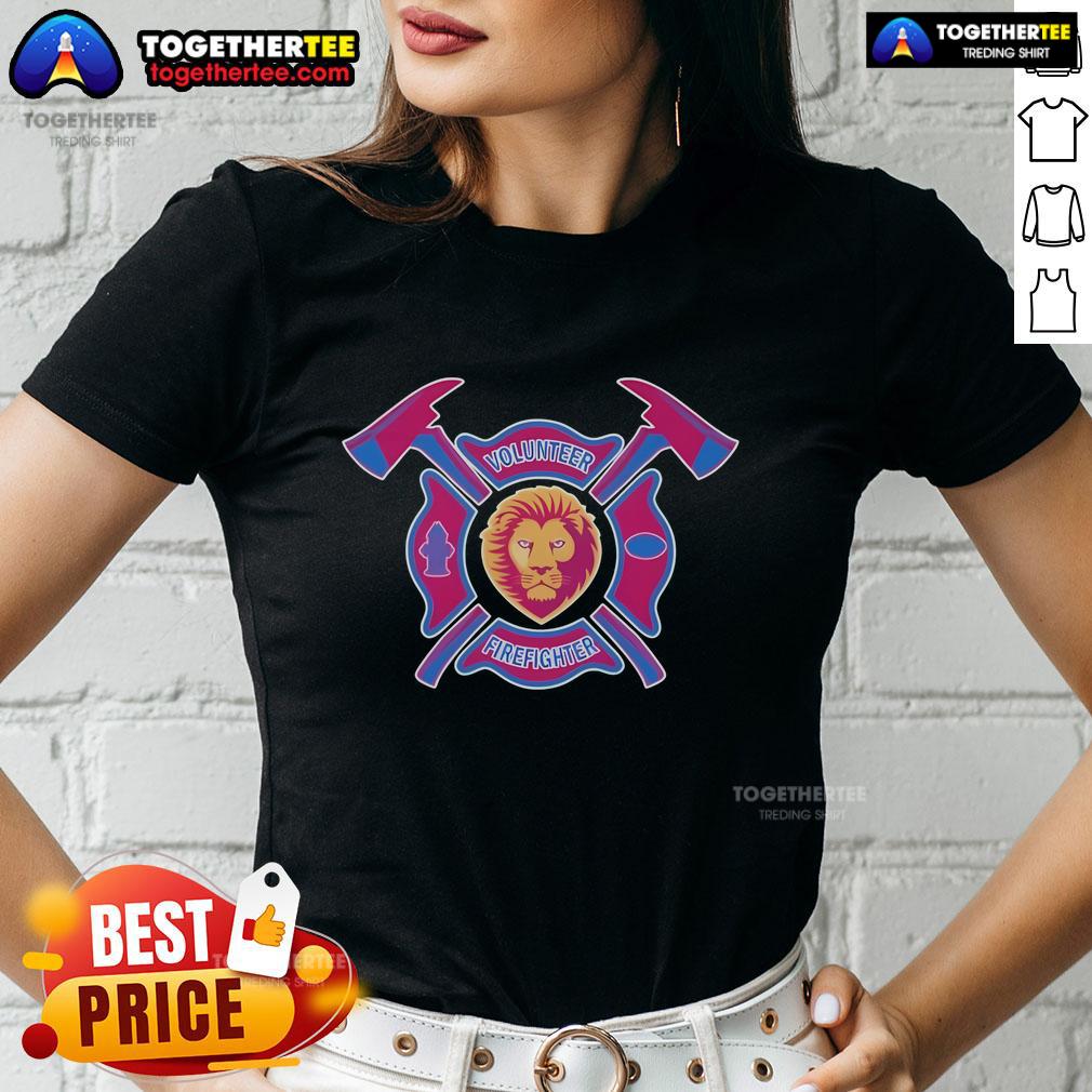 Top Brisbane Lions volunteer firefighter ladies tee featuring vibrant team colors and logo, perfect for fans and supporters.