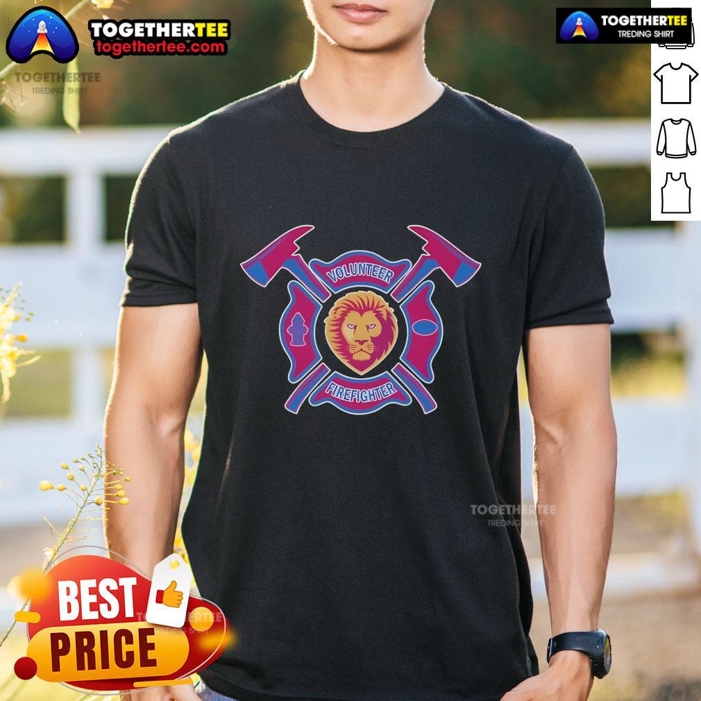 Top Brisbane Lions Volunteer Firefighter T-Shirt featuring vibrant team colors and logo, perfect for supporters and firefighters.