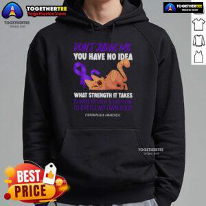 Alt Text: Top Cat hoodie with 'Don't Judge Me, You Have No Idea' slogan for Fibromyalgia Awareness, stylish and comfortable.