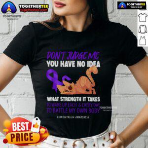 Top Cat 'Don't Judge Me' Fibromyalgia Awareness Ladies Tee featuring a playful cat design promoting understanding of fibromyalgia.