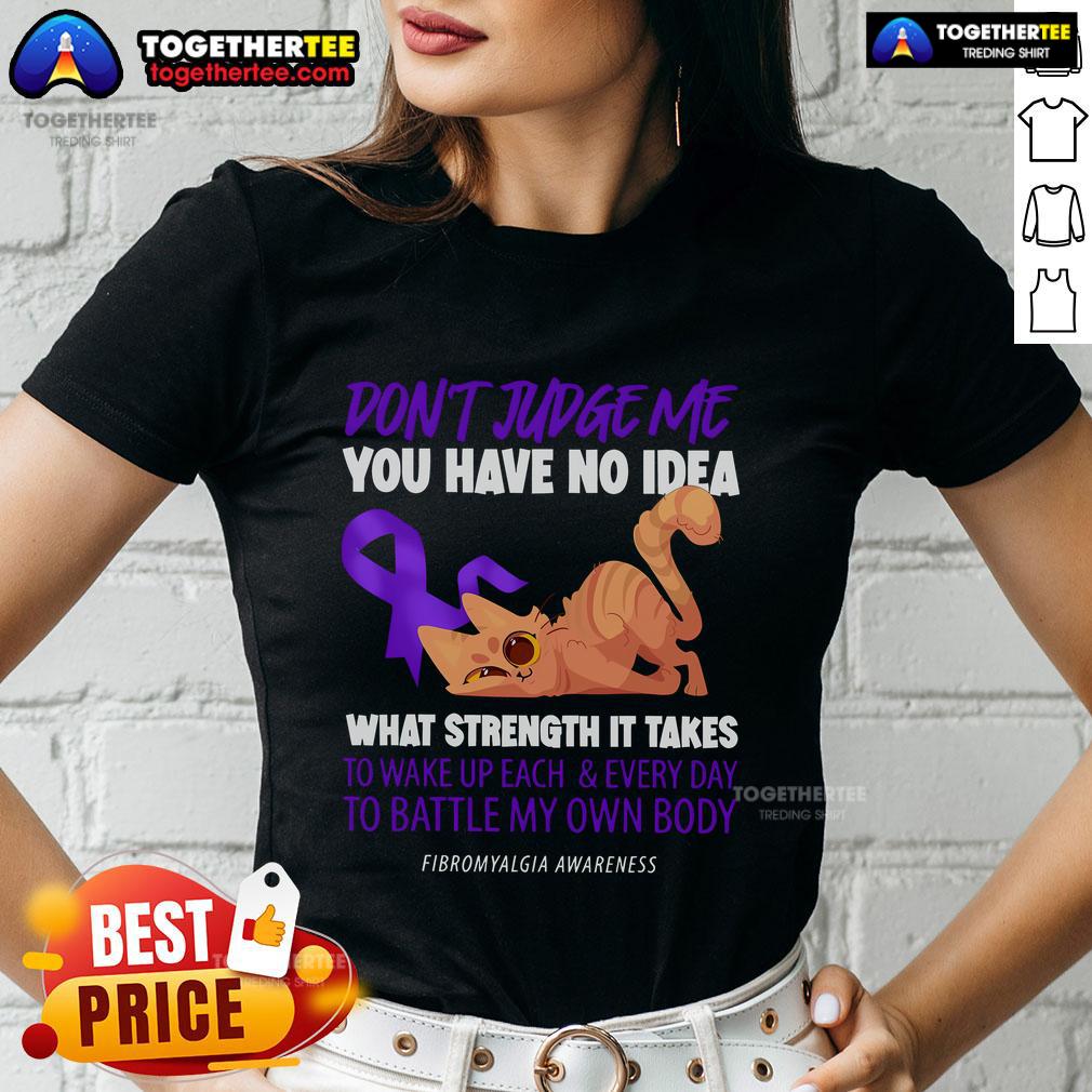 Top Cat 'Don't Judge Me' Fibromyalgia Awareness Ladies Tee featuring a playful cat design promoting understanding of fibromyalgia.
