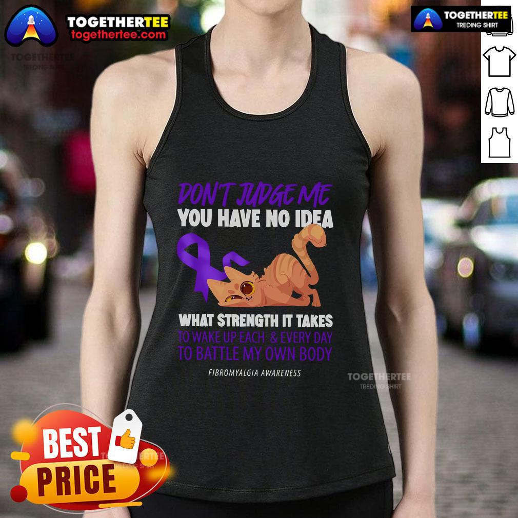 Top Cat 'Don't Judge Me' Fibromyalgia Awareness Tank Top featuring a playful design promoting understanding of chronic pain.