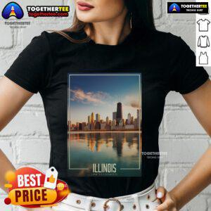 Alt Text: Top Chicago Reflections ladies tee showcasing Illinois pride with vibrant cityscape design and stylish fit.