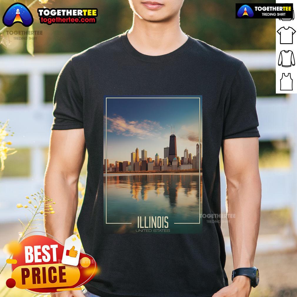 Alt Text: Top Chicago Reflections T-Shirt featuring 'The Heart Of Illinois' design, perfect for proud Chicagoans.