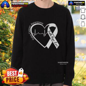 Top colorectal cancer awareness ribbon sweatshirt featuring colonoscopy design for raising cancer awareness.