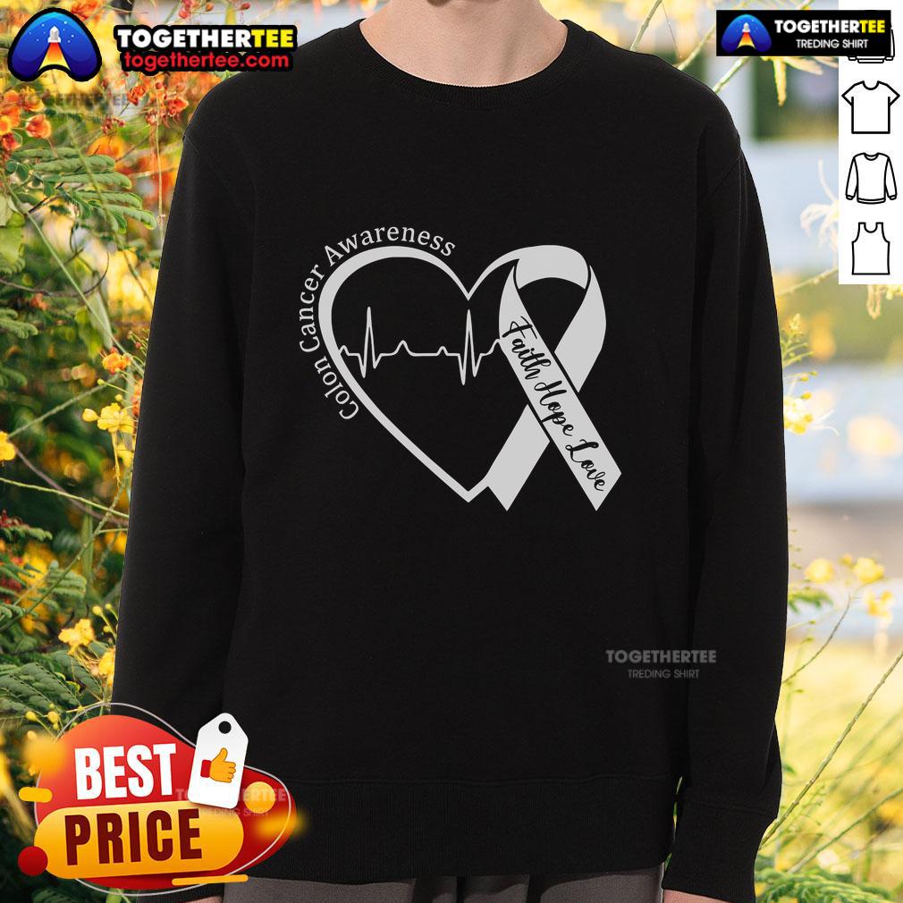 Top colorectal cancer awareness ribbon sweatshirt featuring colonoscopy design for raising cancer awareness.