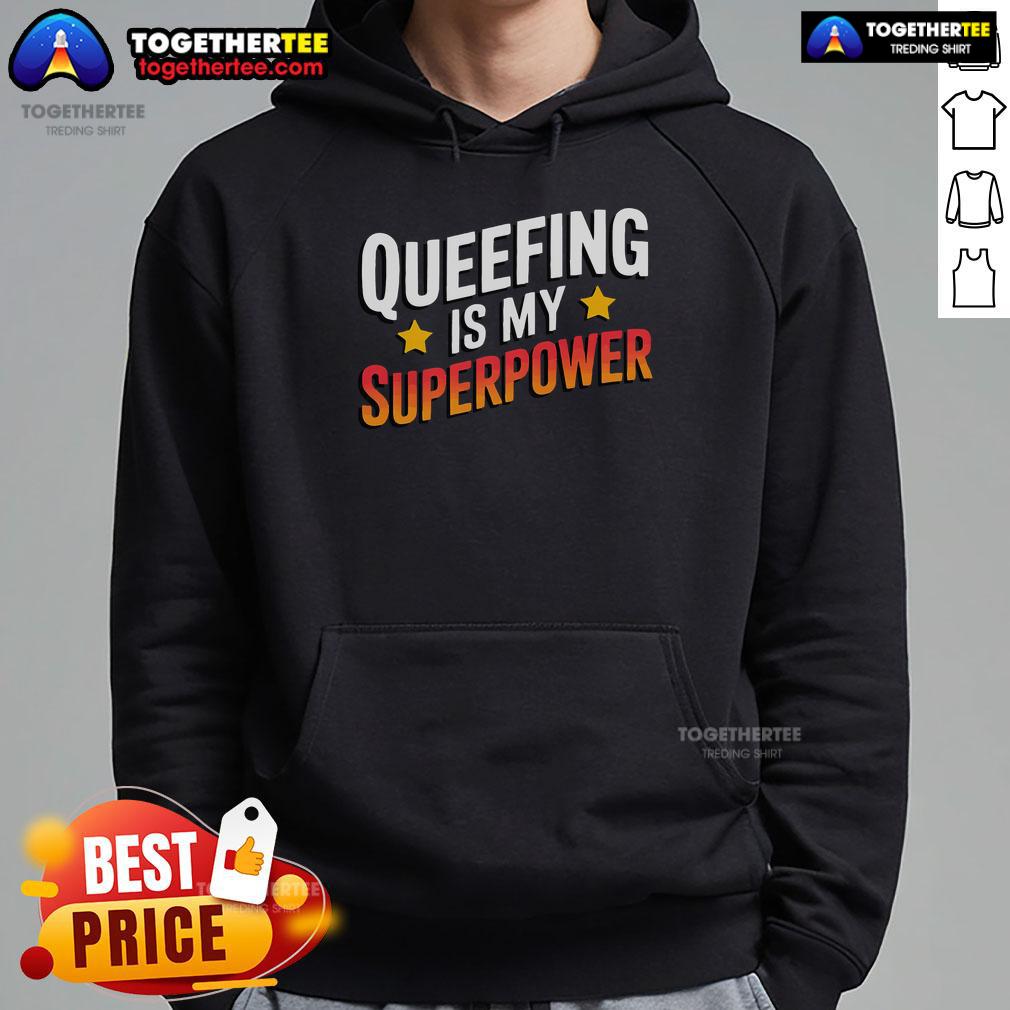 Funny 'Queef Queen' hoodie featuring humorous queefing graphic, perfect for light-hearted fashion and laughter.