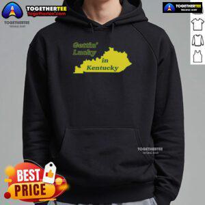 Stylish 'Gettin Lucky In Kentucky' hoodie displayed on a hanger, perfect for fans of Kentucky pride and casual fashion.