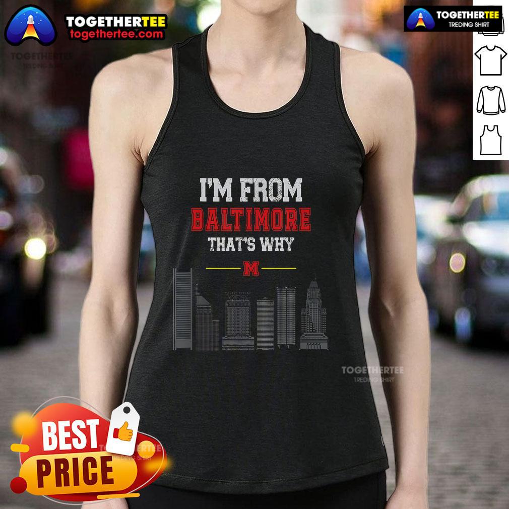 Person wearing a tank top with 'Top Im From Baltimore' graphic, showcasing local pride and summer style.