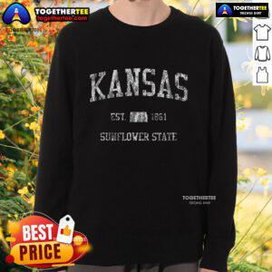 Vintage sports sweatshirt featuring Top Kansas Sunflower State Est 1861 design, perfect for fans of Kansas pride.
