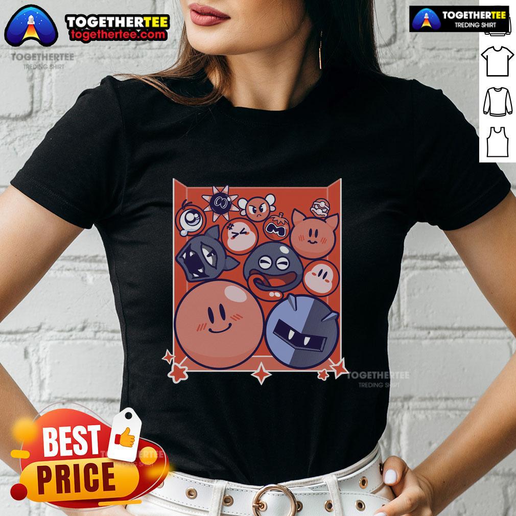 Cute Kirby puffball drop ladies tee featuring a playful design and vibrant colors, perfect for casual outfits.