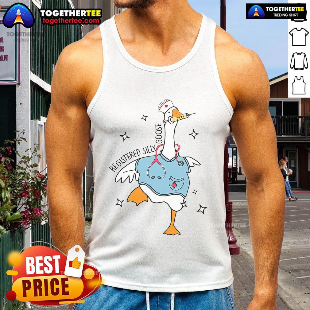 Funny nurse goose meme on a tank top, showcasing a cute registered silly goose in a hospital humor design.