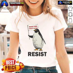 Funny penguin protesting against tariffs on a ladies tee, showcasing a humorous take on penguins and activism.