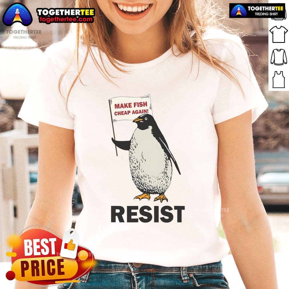 Funny penguin protesting against tariffs on a ladies tee, showcasing a humorous take on penguins and activism.