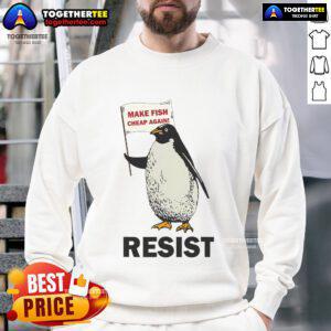 Funny penguin wearing a protest sign sweatshirt, advocating against tariffs in a humorous and playful way.
