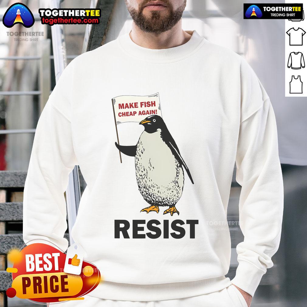 Funny penguin wearing a protest sign sweatshirt, advocating against tariffs in a humorous and playful way.