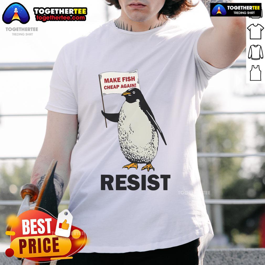 Funny Penguin Resist Penguins Protest Against Tariffs T-Shirt design featuring cartoon penguins holding protest signs.