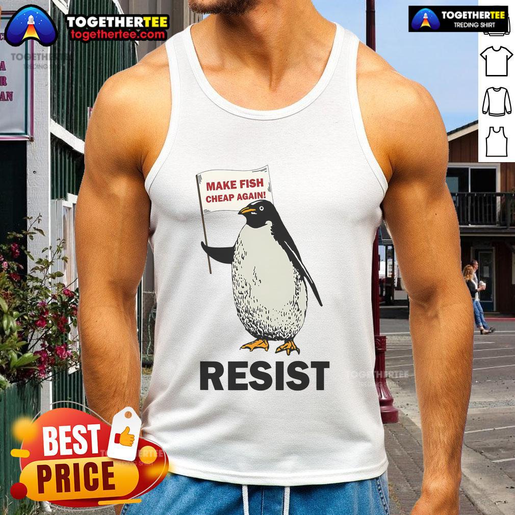 Funny penguin wearing a tank top protesting against tariffs at a rally, showcasing humorous activism and resistance.