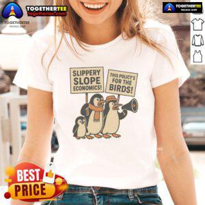 Funny penguins against tariffs on Heard Island in a playful design for a ladies' tee, perfect for animal lovers.