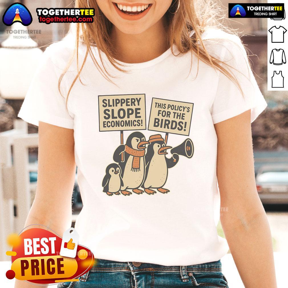 Funny penguins against tariffs on Heard Island in a playful design for a ladies' tee, perfect for animal lovers.