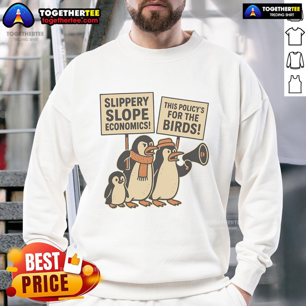 Funny penguins on a sweatshirt advocating against tariffs on Heard Island, perfect for penguin lovers and activists.
