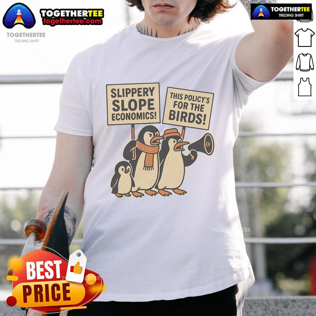 Funny penguins against tariffs on Heard Island featured on a quirky resist T-shirt design.