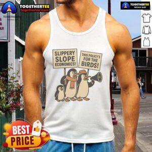 Funny penguins wearing tank tops protest against tariffs on Heard Island, showcasing their resistance with humor.