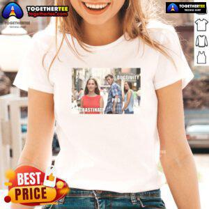 Funny productive procrastination meme on a ladies tee, showcasing humor in avoiding tasks with a stylish design.