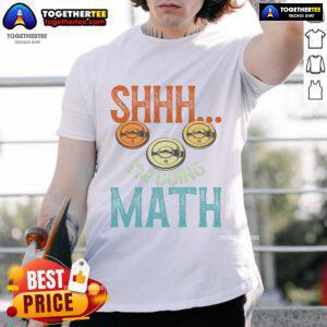 Funny 'Shhh Im Doing Math' fitness workout t-shirt design featuring weightlifting graphics and playful text.