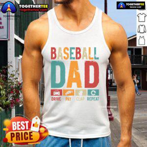Good Baseball Lover Dad driving with a playful smile, wearing a tank top celebrating Father's Day and his love for baseball.